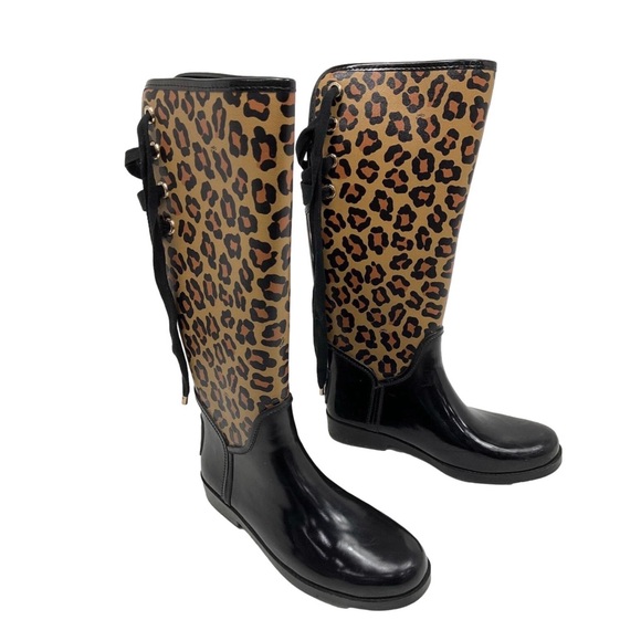 COACH Ocelot Leopard Print Lace-up Back Women's Rain Boots Size 8 - Picture 1 of 9